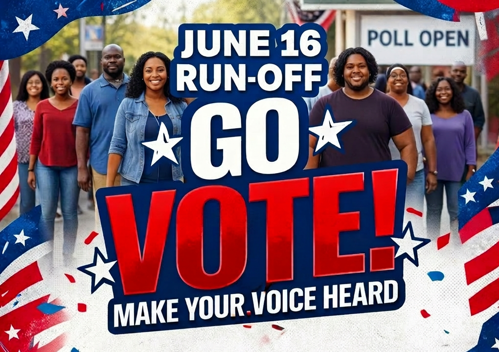 Diverse voters standing in line at polling station with signs encouraging voting today
